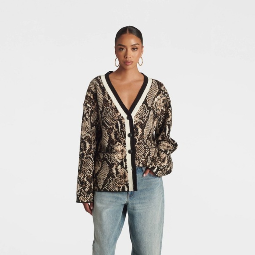 KBB KAHLANA Target L Large Slouchy Cardigan Snake Print Sweater Brown Snakeskin